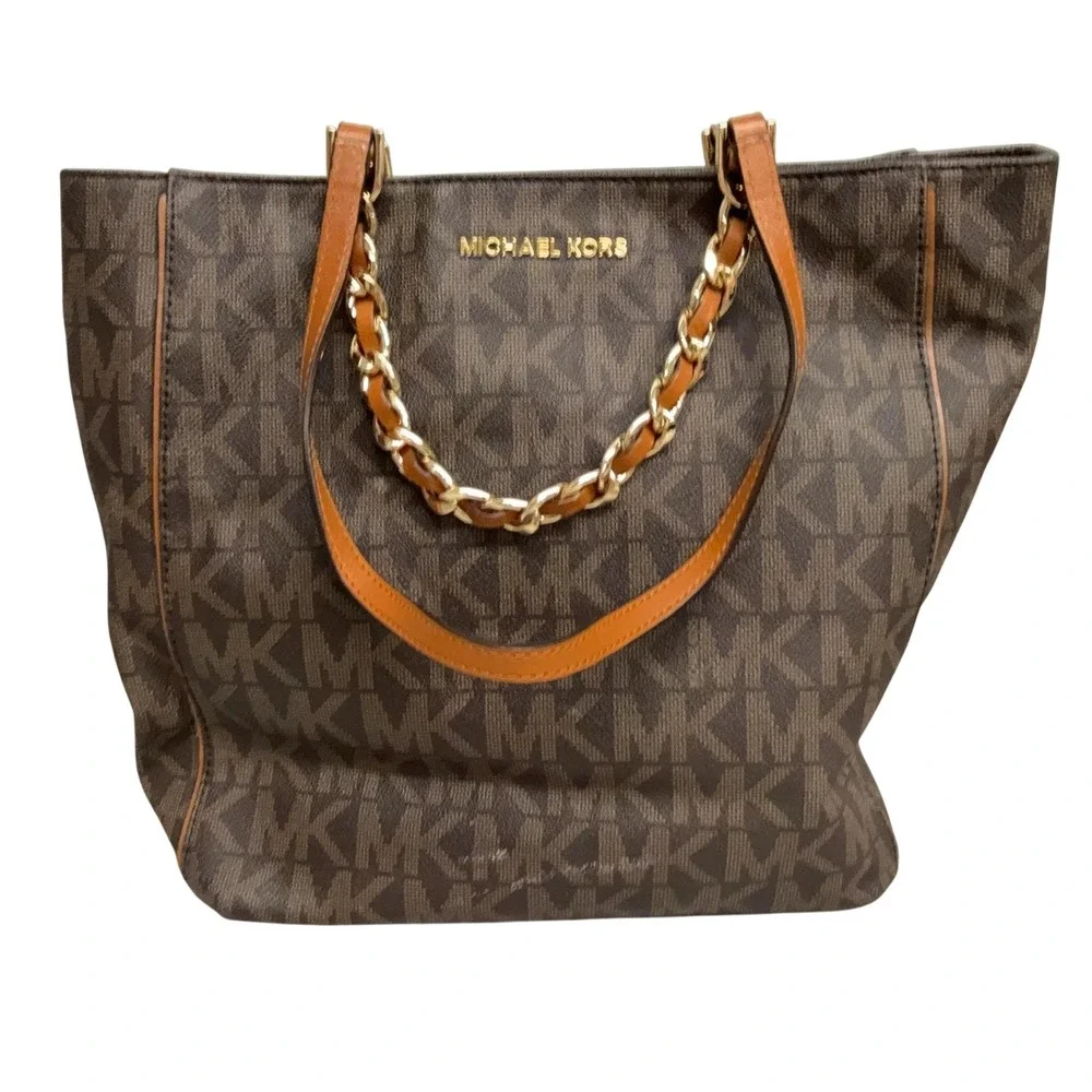 Michael Kors Tote Bag Womens Large Brown MK Logo Leather Chain Shoulder Purse